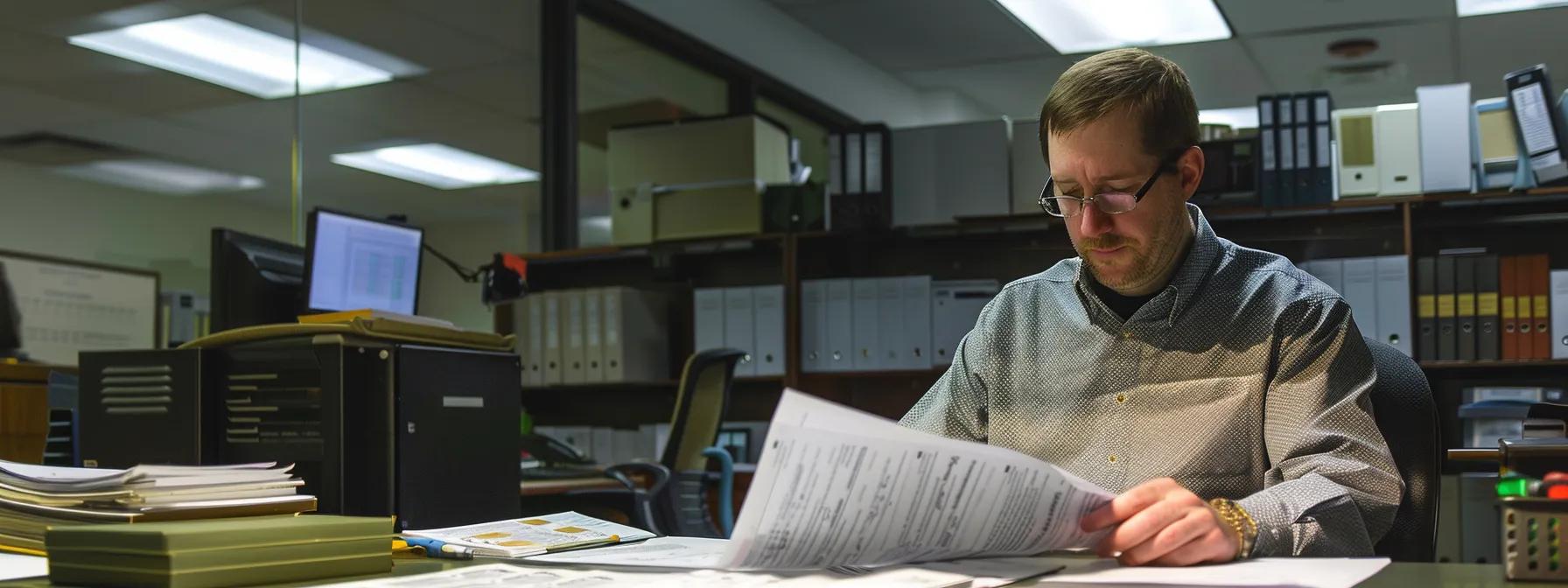 a focused, professional office environment showcases a business owner confidently reviewing high-risk insurance policy documents with a clear emphasis on tailored coverage and financial security, illuminated by bright overhead lighting that highlights the documents and reflects the determination in their expression.