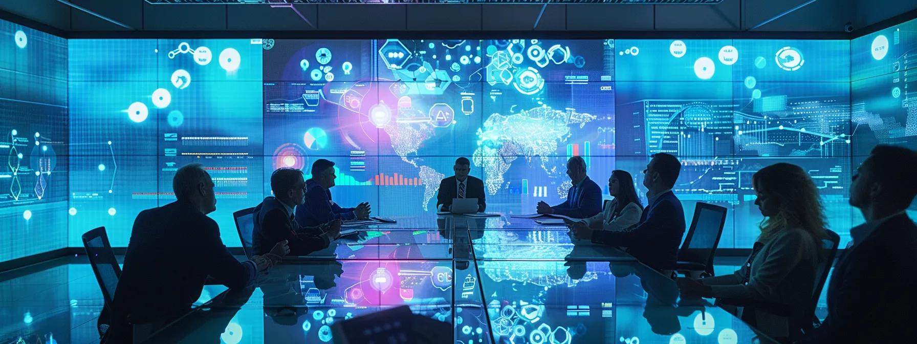 a modern corporate office space features a diverse group of professionals engaged in a dynamic discussion around a sleek, glass conference table, with compelling charts and graphs projected on a high-tech screen, highlighting the critical importance of high risk cover in safeguarding business operations.