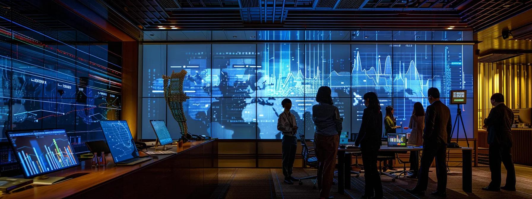 a sleek office environment showcases a group of professionals engaged in a dynamic discussion about high risk insurance, with an emphasis on innovative charts and digital displays illustrating cost factors and industry needs.